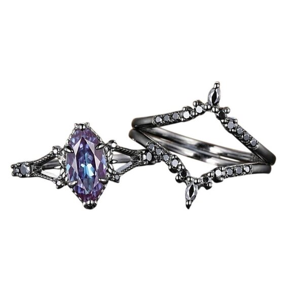 Marquise Cut Alexandrite Engagement Wedding Ring Set with Moissanite in Rhodium - Picture 2 of 7